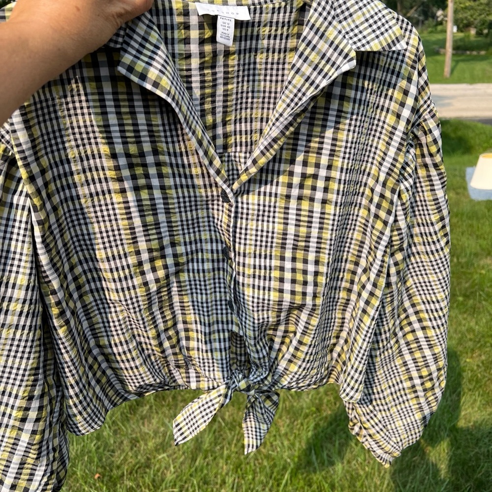 Topshop Checkered Tie-Front Blouse
